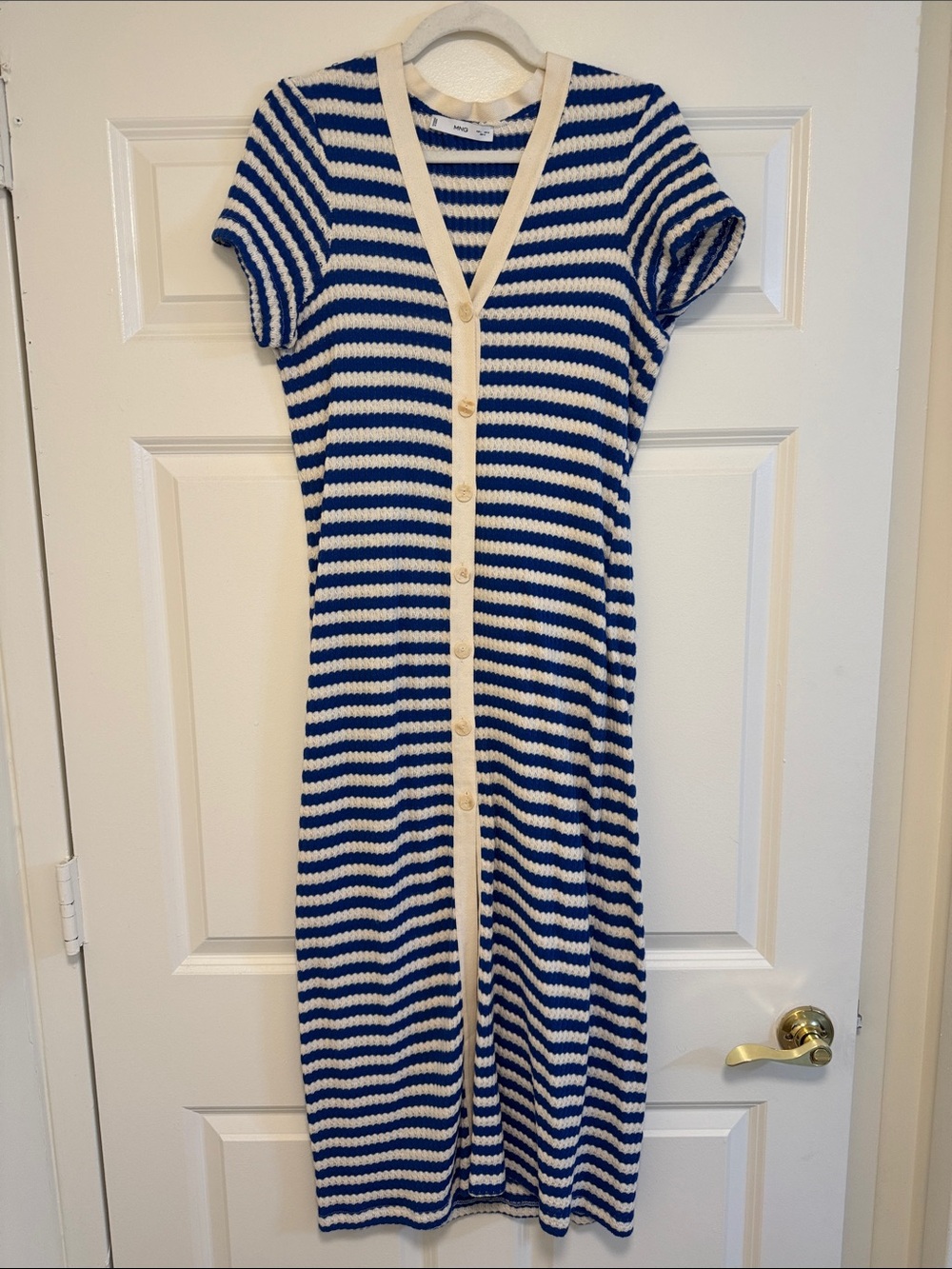 Mango Navy and White Striped Ribbed Midi Dress
